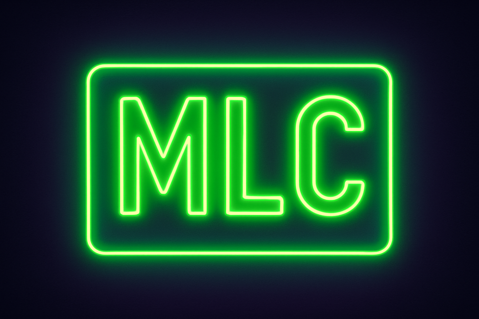 the letters MLC in neon green coloring with a dark neon purple background and a thing neon green border around the letters